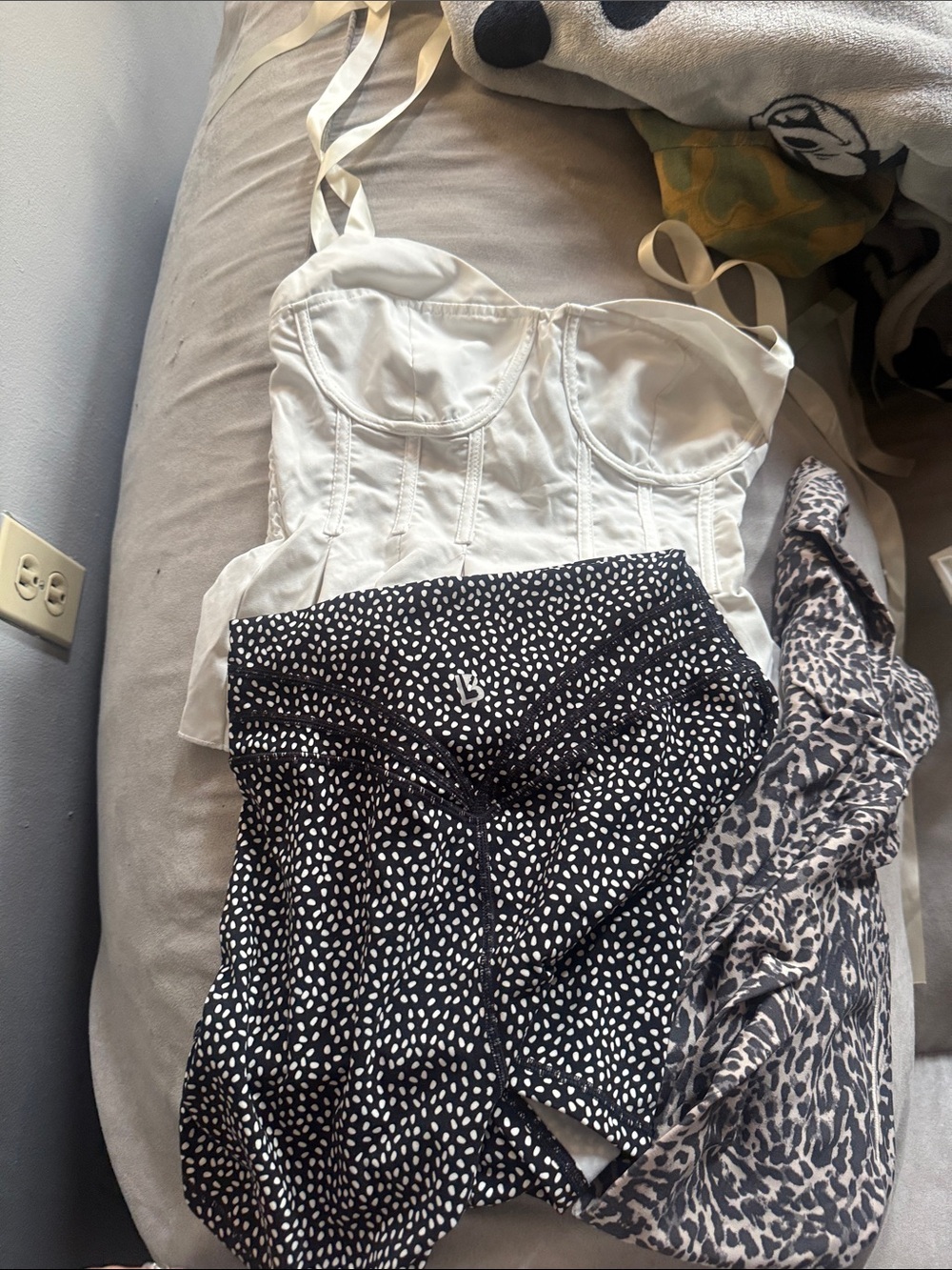 White Bustier bow tie Top/ Polka Dot buff bunny gym shirt and leopard legging